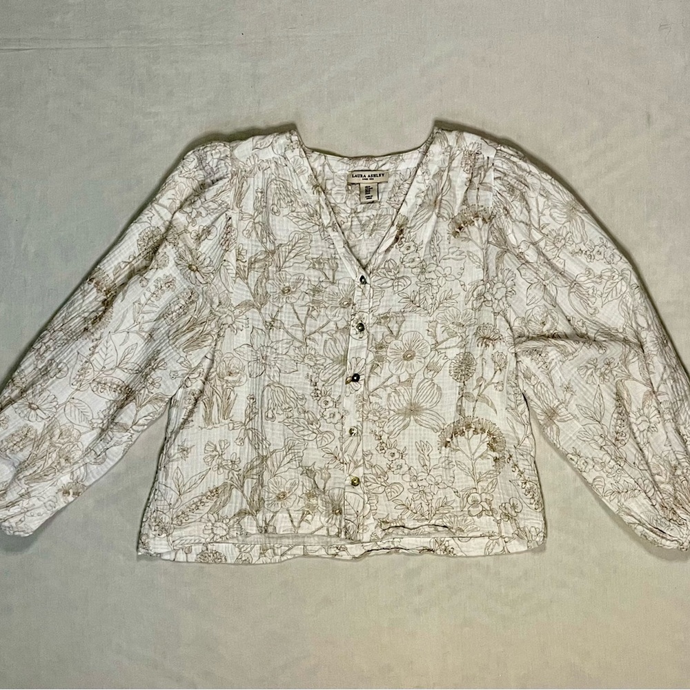 Laura Ashley 100% Cotton Floral Gauze Button Down Blouse - Medium